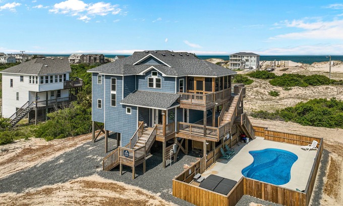 Carova Beach Casa | Ocean-view home with private pool, hot tub, beach access, grill, fireplace, deck