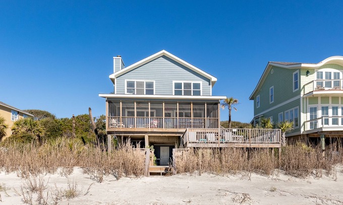 Folly Beach Casa | Oceanfront! 7 Bedroom/3 Bath Private Home/Sleeps 16/Sundeck & Screened Porch!