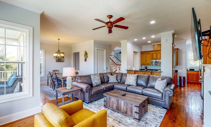 St. Marys Casa | Palm-lined home with dock access, firepit & inviting balconies