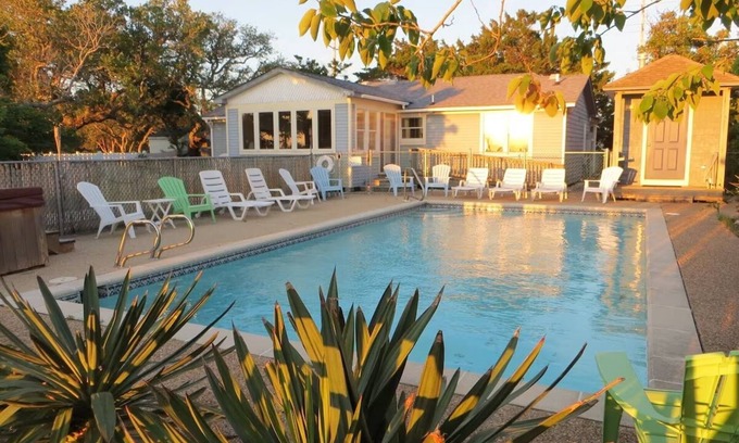 Salvo Cabaña | Soundfront Sunsets with Private Dock, Kayaks, Large Pool, Hot Tub, Guesthouse