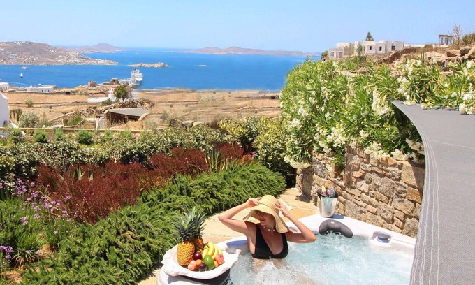 Tourlos Villa | Splendid Mykonos Villa | Villa Ravenclaw | 4 Bedrooms | Breathtaking Sea Views | Spacious Furnished Sun Terrace | Private Outdoor Hot Tub | Shaded Outdoor Dining Area | Agia Sofia, Tourlos