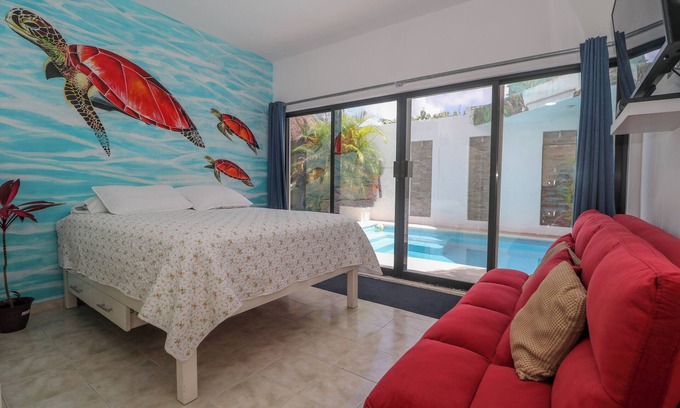 Cuzamil Villa | Studio Tortugas with outdoor pool, grill, palapa, mezzanine floor. Kids welcome
