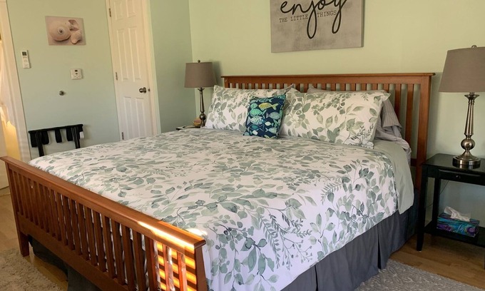 Courtenay Apartamento | ¡Soleado estudio al lado del océano! Entrada privada, chimenea de gas, cama king size.