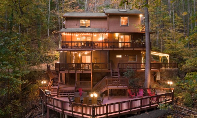 Asheville Casa | Treetop Towers, Hot Tub, Game Room, and Creek Views!
