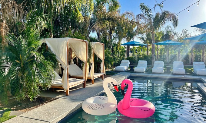 East Mesa Villa | Tropical Retreat with hot tub, heated pool, misters & fire pit