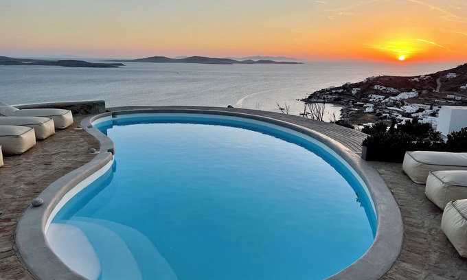 Ornos Villa | Villa Tavani Stunning panoramic sea view magical sunsets, close to all hot spots