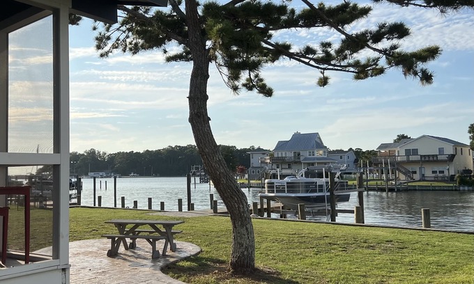 Colington Harbour Cabaña | Waterfront Harbor Home, Sunset Views, Fireplace, Private dock and Boat Slip