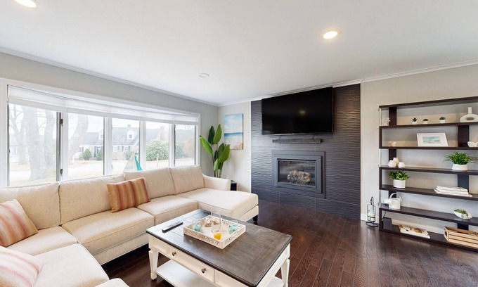 East Falmouth Casa | Waterfront home with firepit, grill, open layout, smart TVs, deck, W/D, & AC