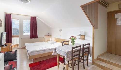 Estudio clásico, 1 cama de matrimonio, cocina básica, vistas a la montaña
