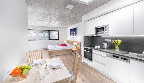 Estudio ejecutivo, 1 cama de matrimonio grande, cocina, vistas a la ciudad