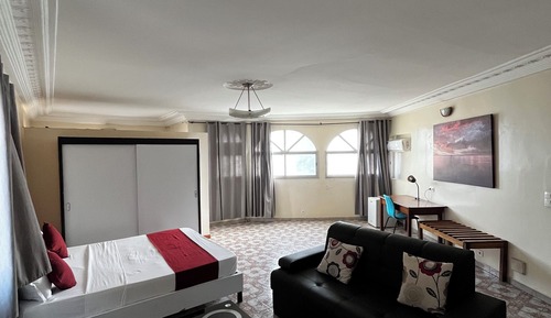 Loft avec un grand lit double et un salon
