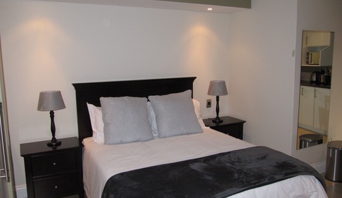 Estudio ejecutivo, 1 cama de matrimonio, cocina básica, en la zona del patio