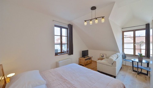 Estudio Deluxe, 1 cama de matrimonio grande, cocina básica, en la zona del patio