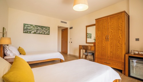 Habitación superior con 2 camas individuales, terraza, vistas al jardín