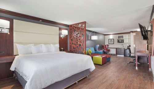 Suite, 1 cama de matrimonio grande, bañera de hidromasaje, en esquina (w/ Refrigerator)