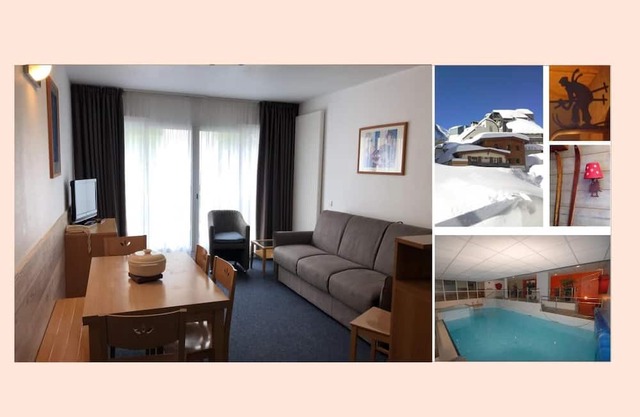 30m del centro estación, 2.o piso, vista pistas, fitness, piscina, sauna, tv, local para esquís